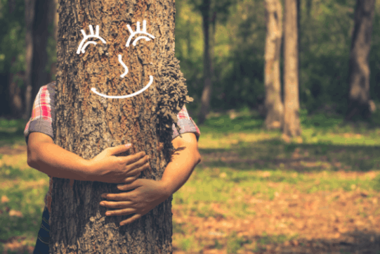 boy hugging tree
