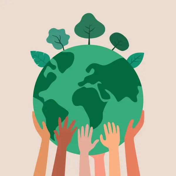 hands holding the world with sustainable trees