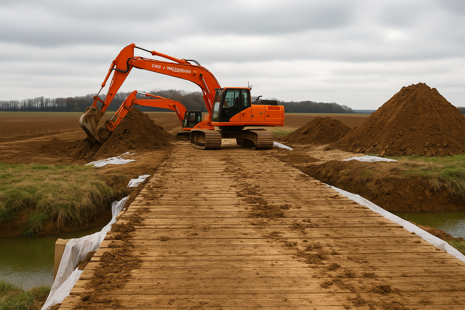 Wooden Heavy-Duty-Ground-Protection that is being used by an orange excavator