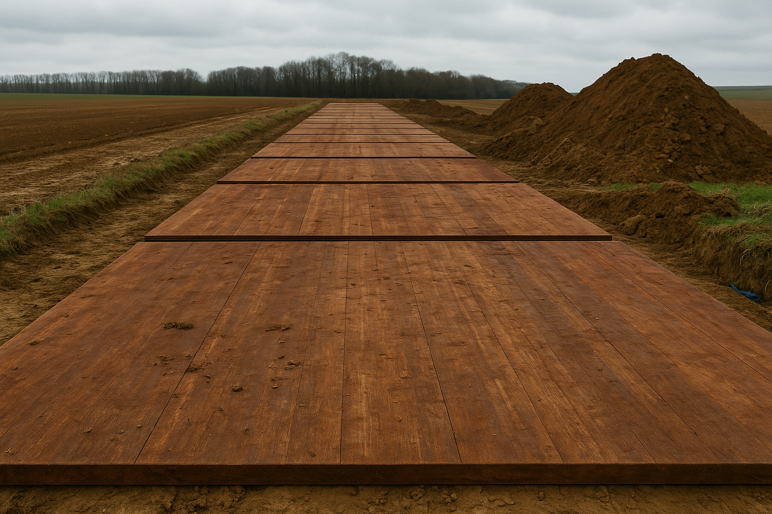 Hardwood Access Mats laid across muddy terrain